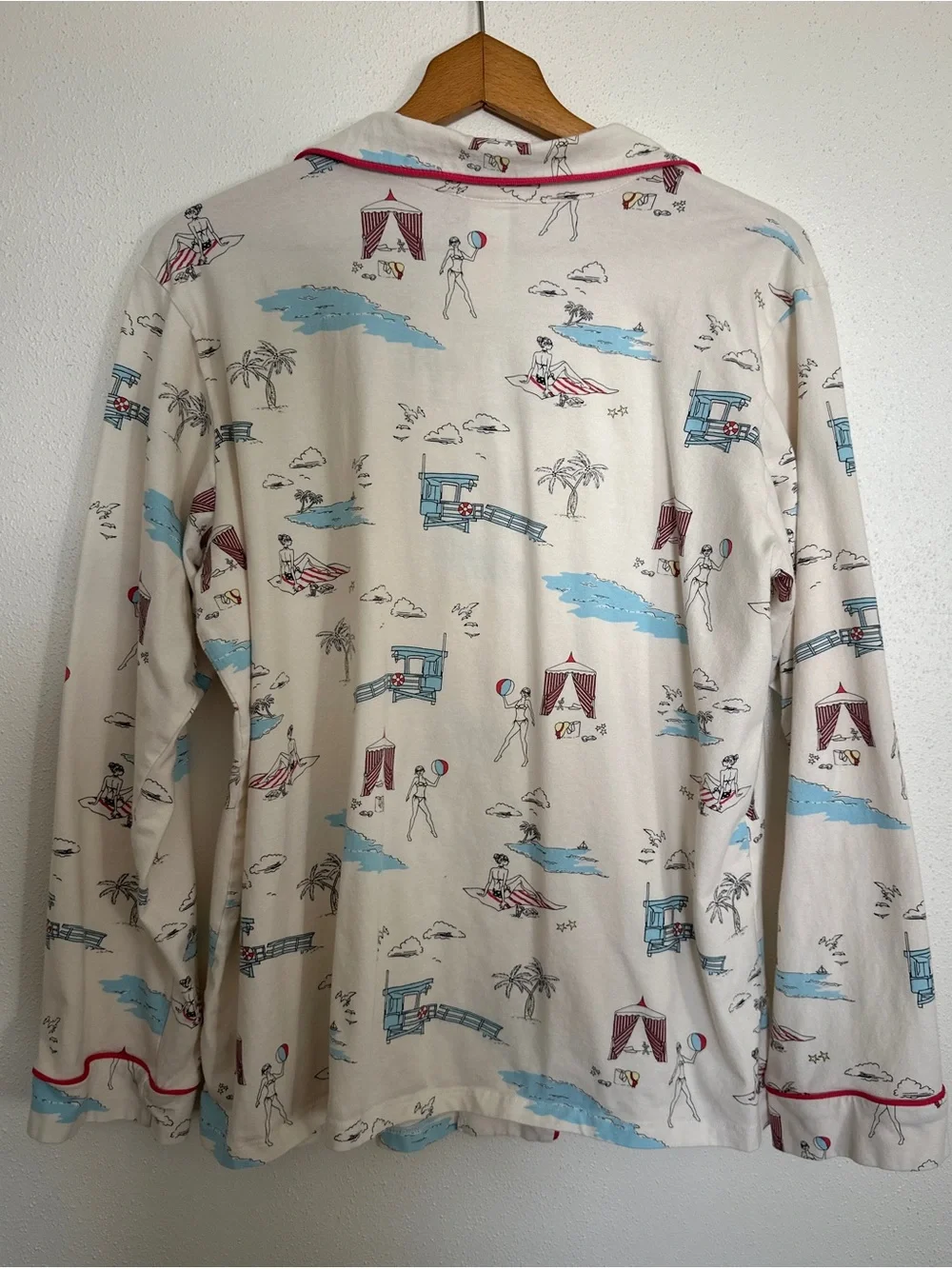 BedHead Pajamas XL 2PC Retro Beach Print Long Sleeve Top & Pants Set Cream Red